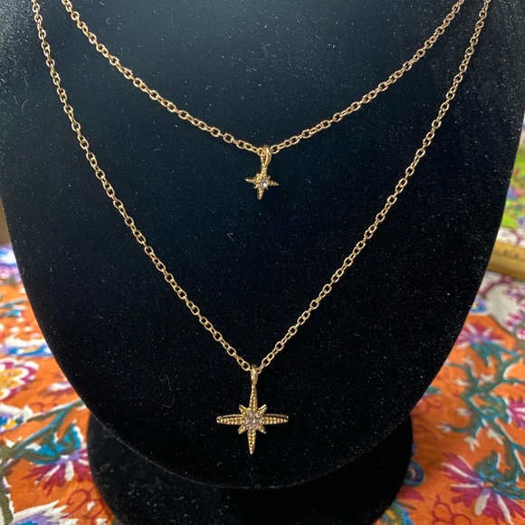 Double Star Necklace Gold Tone with stones - Picture 3 of 3